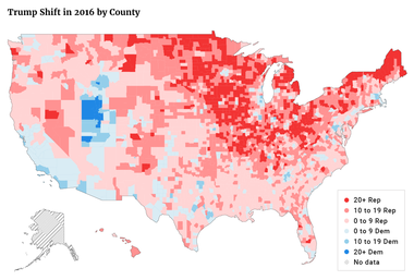 Trump Shift in 2016 by County